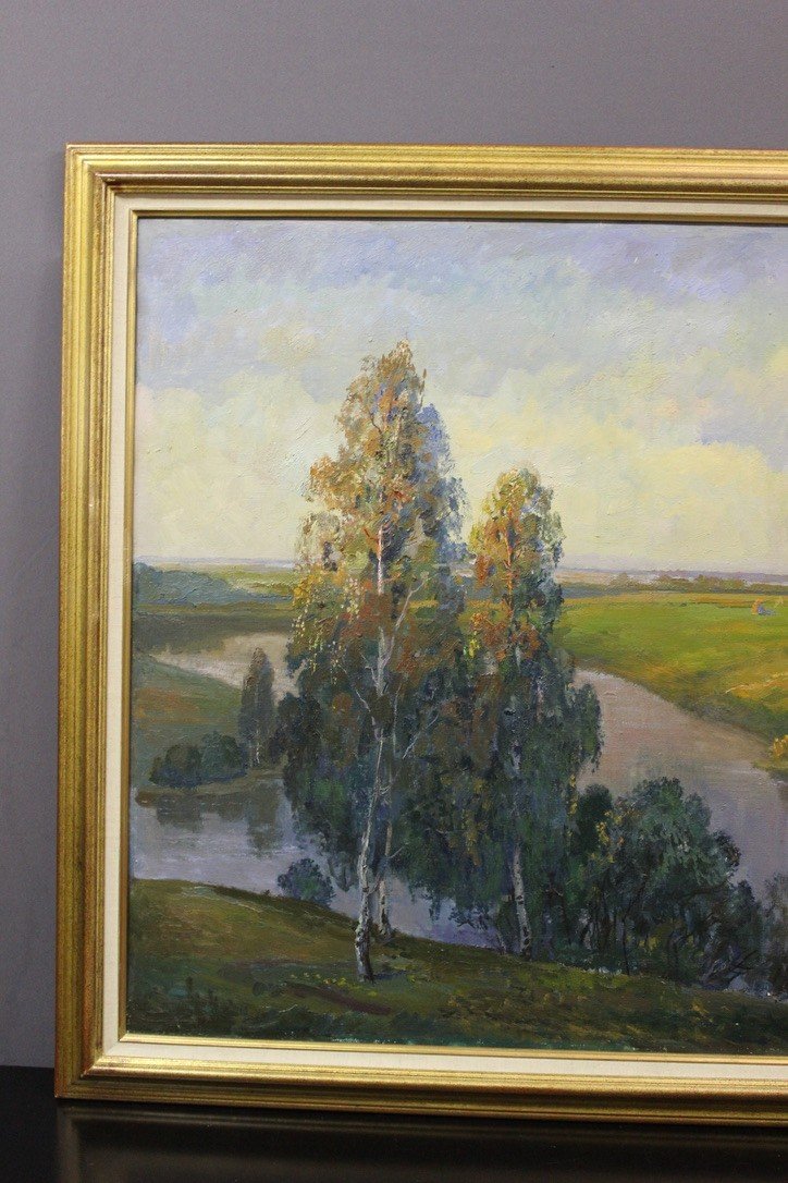 Important Oil On Canvas Landscape At The River Russian School XX-photo-3