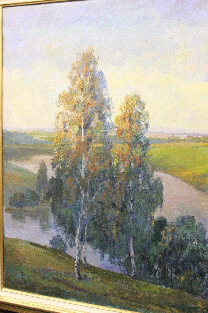 Important Oil On Canvas Landscape At The River Russian School XX-photo-1