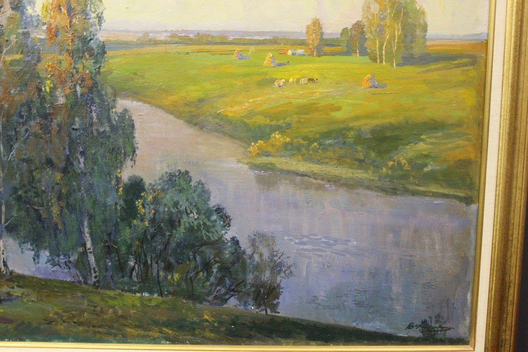 Important Oil On Canvas Landscape At The River Russian School XX-photo-2