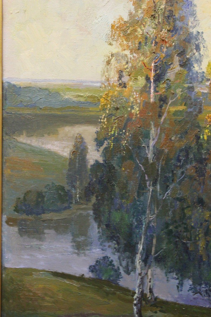 Important Oil On Canvas Landscape At The River Russian School XX-photo-4