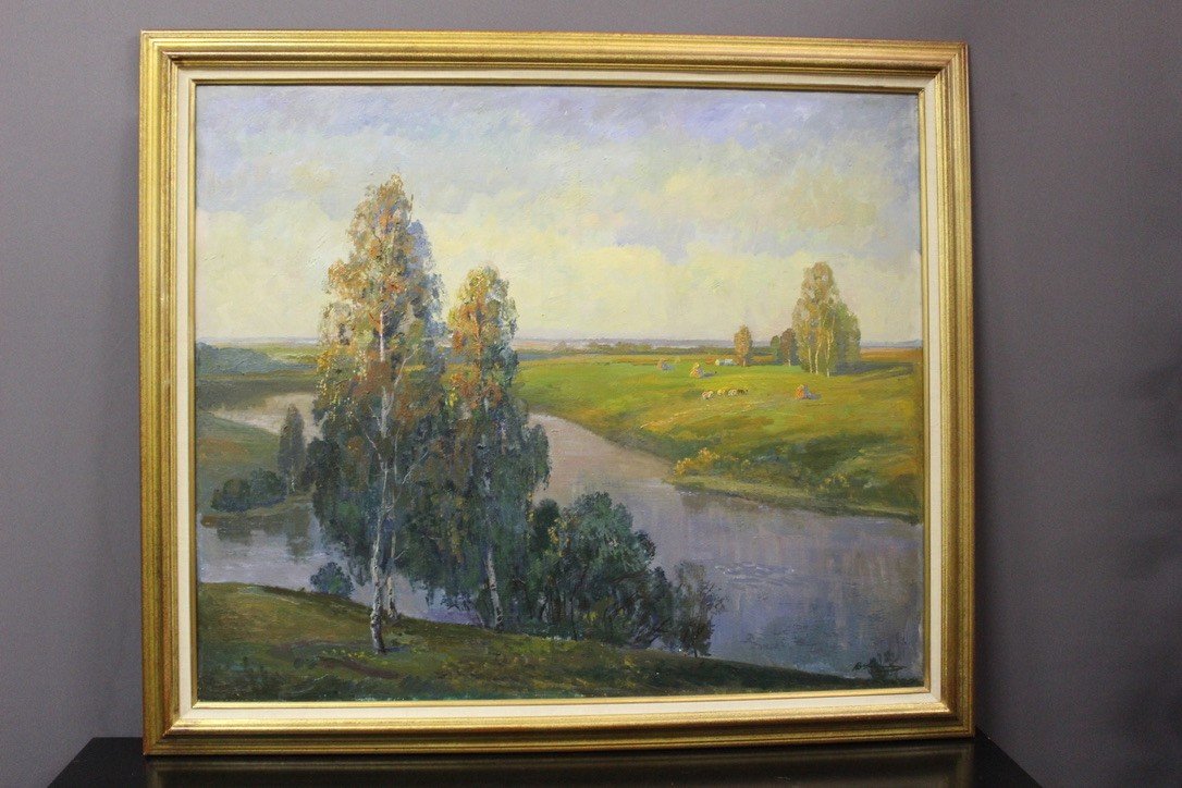 Important Oil On Canvas Landscape At The River Russian School XX-photo-5