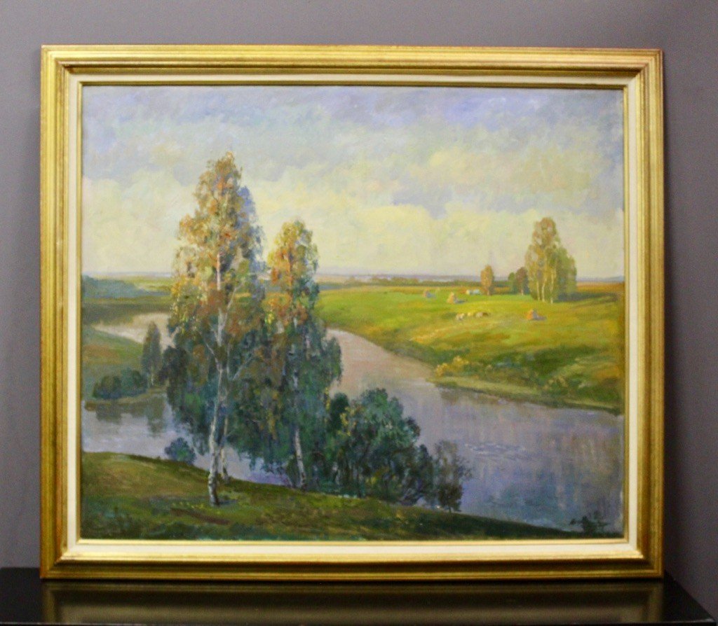 Important Oil On Canvas Landscape At The River Russian School XX-photo-8