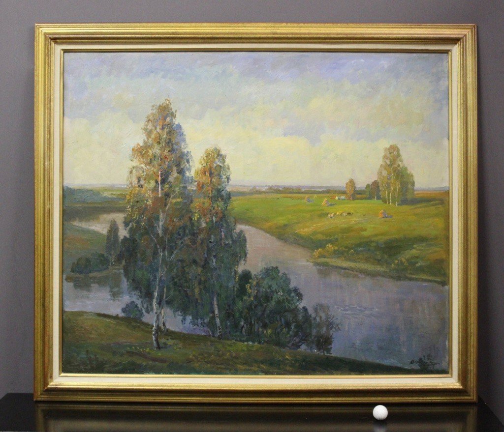 Important Oil On Canvas Landscape At The River Russian School XX