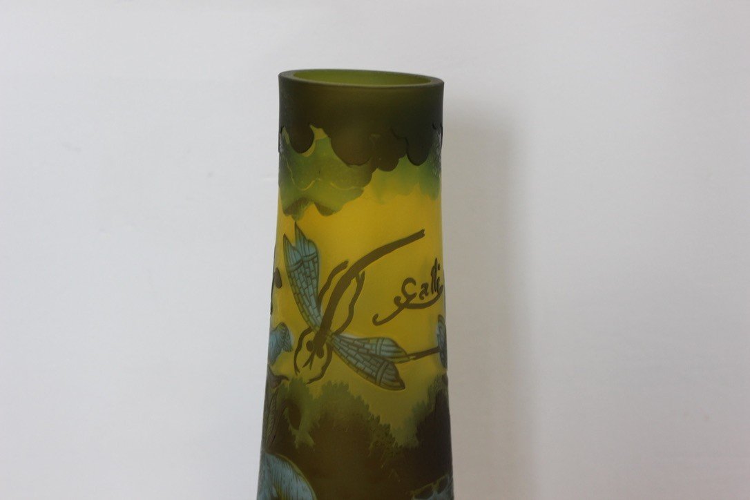 Gallé Tip Vase With Dragonfly And Frog Circa 1980-photo-1