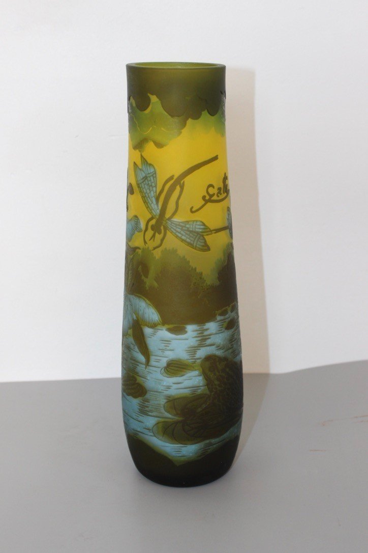 Gallé Tip Vase With Dragonfly And Frog Circa 1980-photo-7