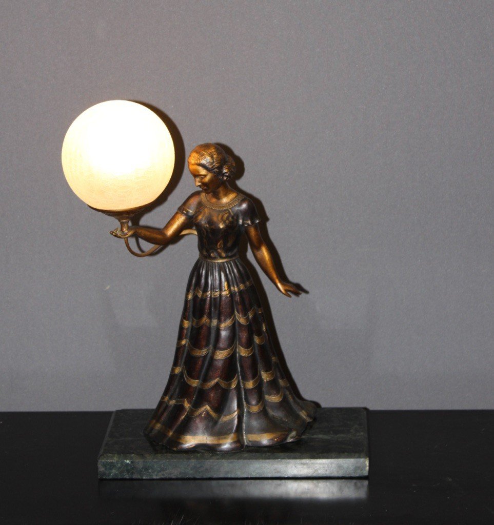 Art Deco Lamp, Woman In Long Dress Circa 1930