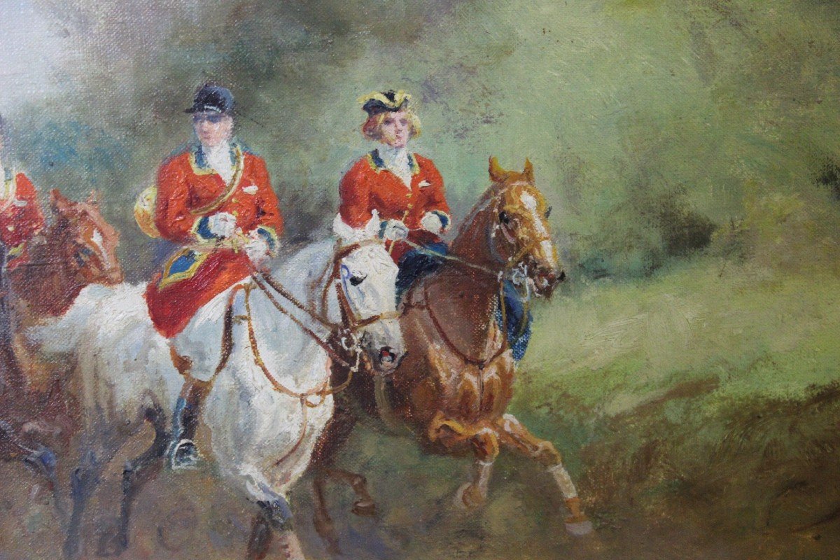 Huile Sur Toile Chasse à Cour Par Eugène Péchaubès Vers 1930-photo-4