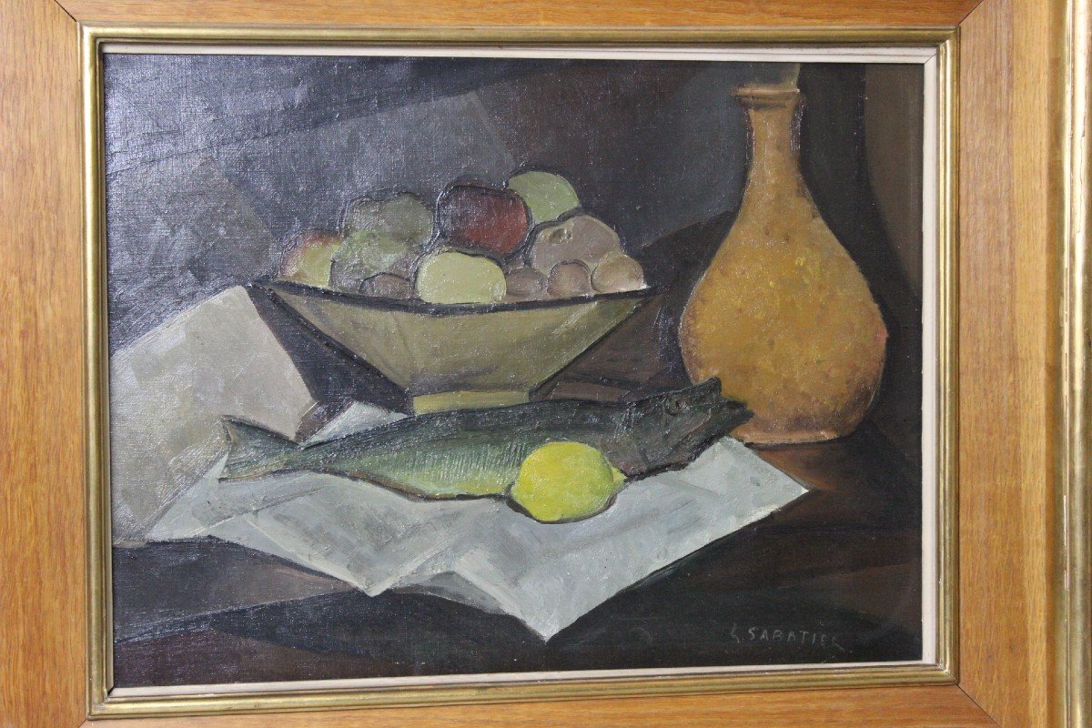 Huile sur Toile  Nature Morte à La Truite Par Sabatier Vers 1940-photo-2