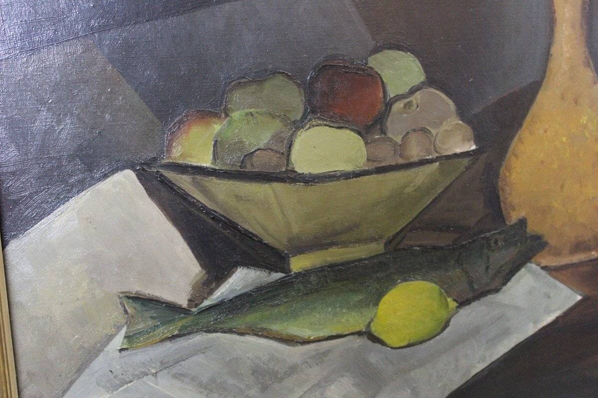 Huile sur Toile  Nature Morte à La Truite Par Sabatier Vers 1940-photo-4