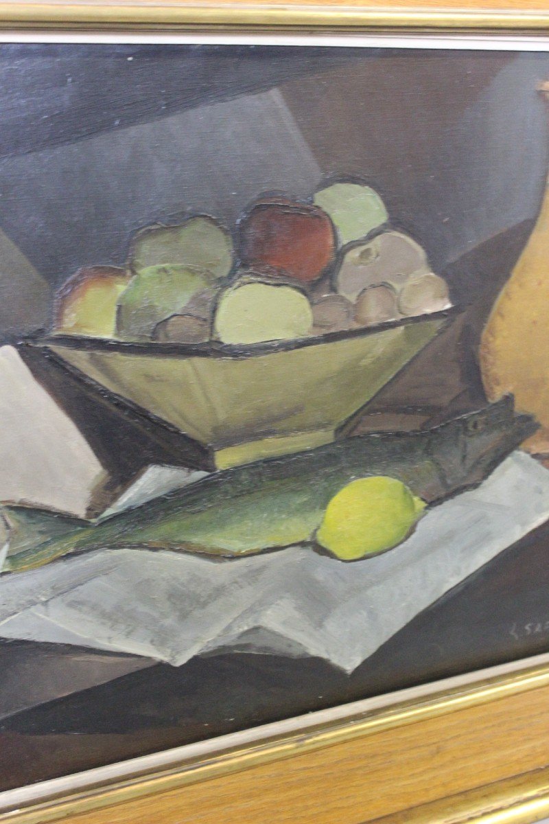 Huile sur Toile  Nature Morte à La Truite Par Sabatier Vers 1940-photo-1