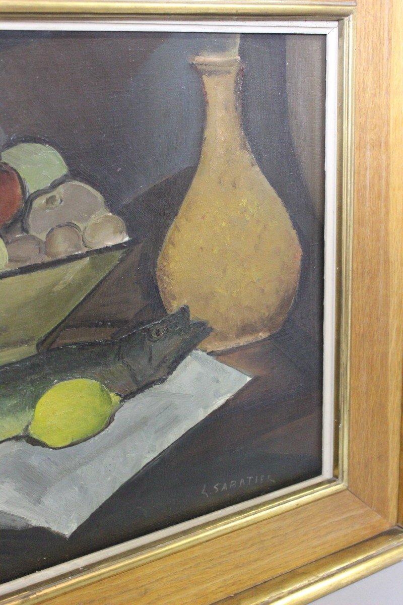 Huile sur Toile  Nature Morte à La Truite Par Sabatier Vers 1940-photo-4