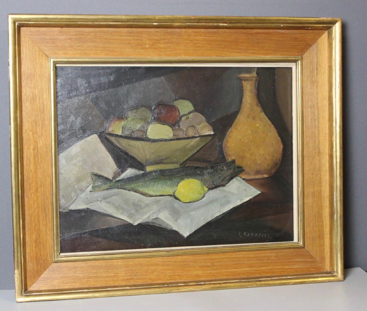 Huile sur Toile  Nature Morte à La Truite Par Sabatier Vers 1940