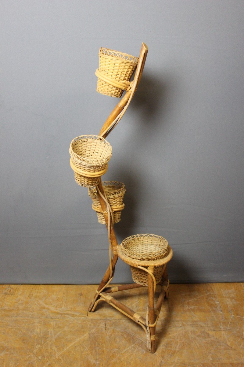 Rattan Plant Holder Circa 1970-photo-1