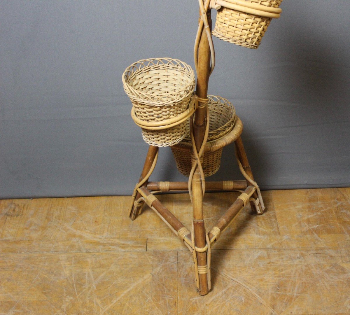 Rattan Plant Holder Circa 1970-photo-3