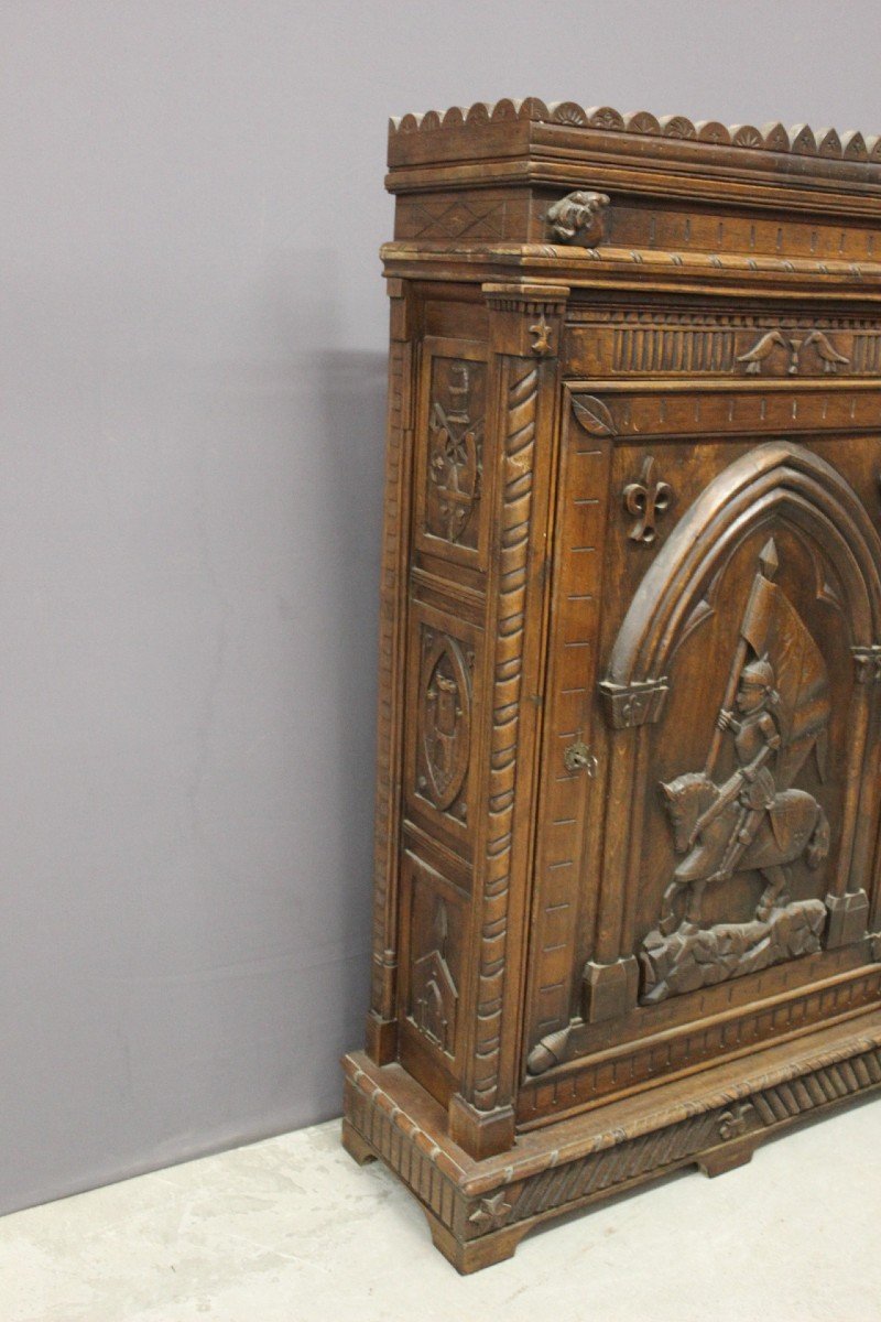 Henri II Style Oak Bonnetière With Joan Of Arc Decor, Late 19th Century-photo-3