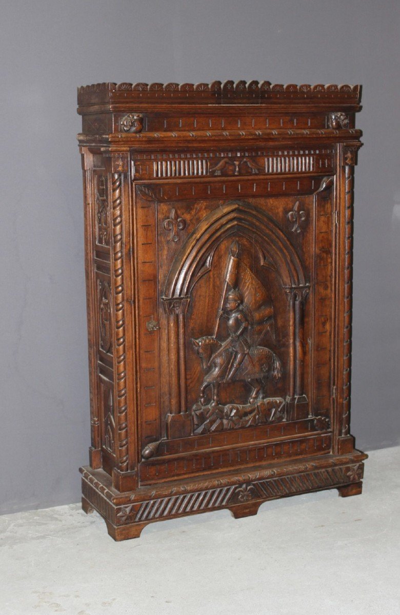 Henri II Style Oak Bonnetière With Joan Of Arc Decor, Late 19th Century-photo-7