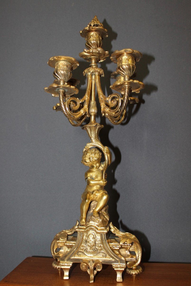 Pair Of Gilt Bronze Cherub Candlesticks, Late 19th Century-photo-2