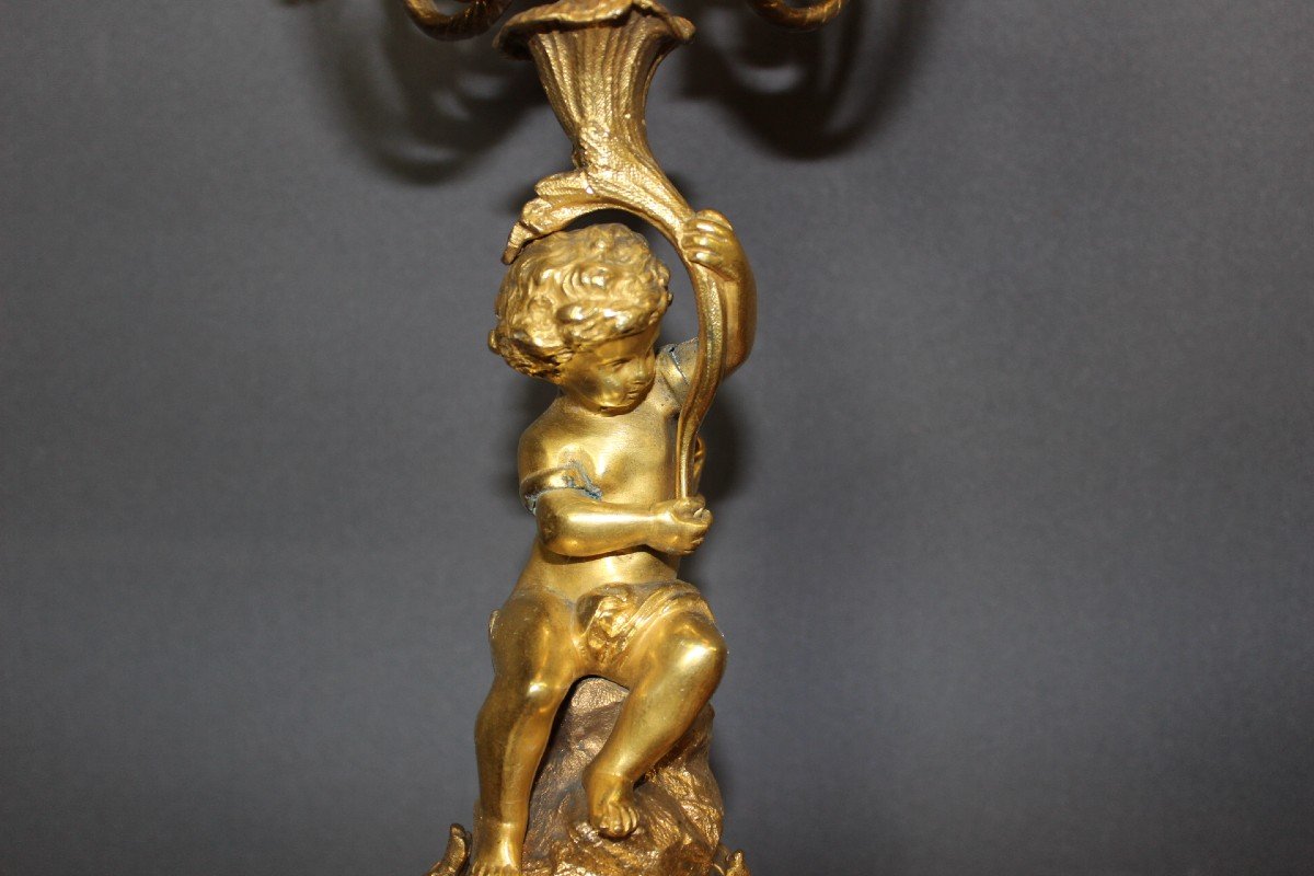 Pair Of Gilt Bronze Cherub Candlesticks, Late 19th Century-photo-3