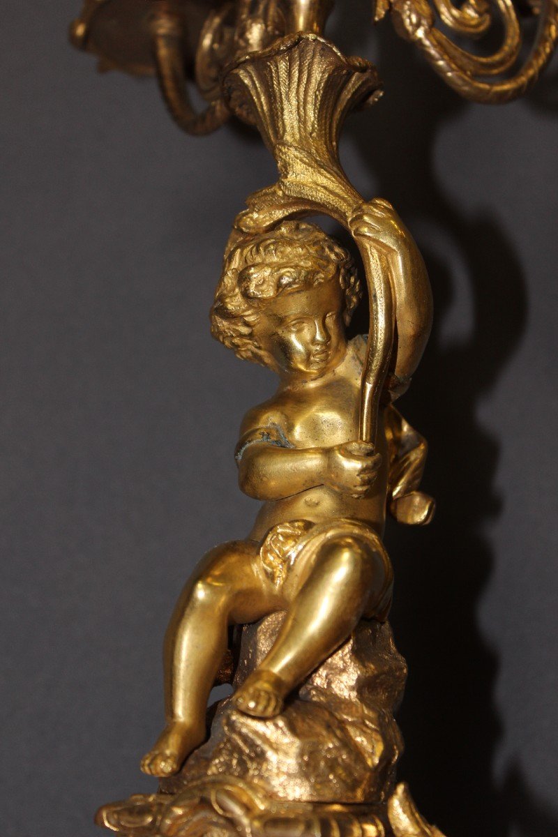 Pair Of Gilt Bronze Cherub Candlesticks, Late 19th Century-photo-2