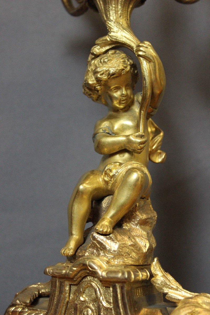 Pair Of Gilt Bronze Cherub Candlesticks, Late 19th Century-photo-3