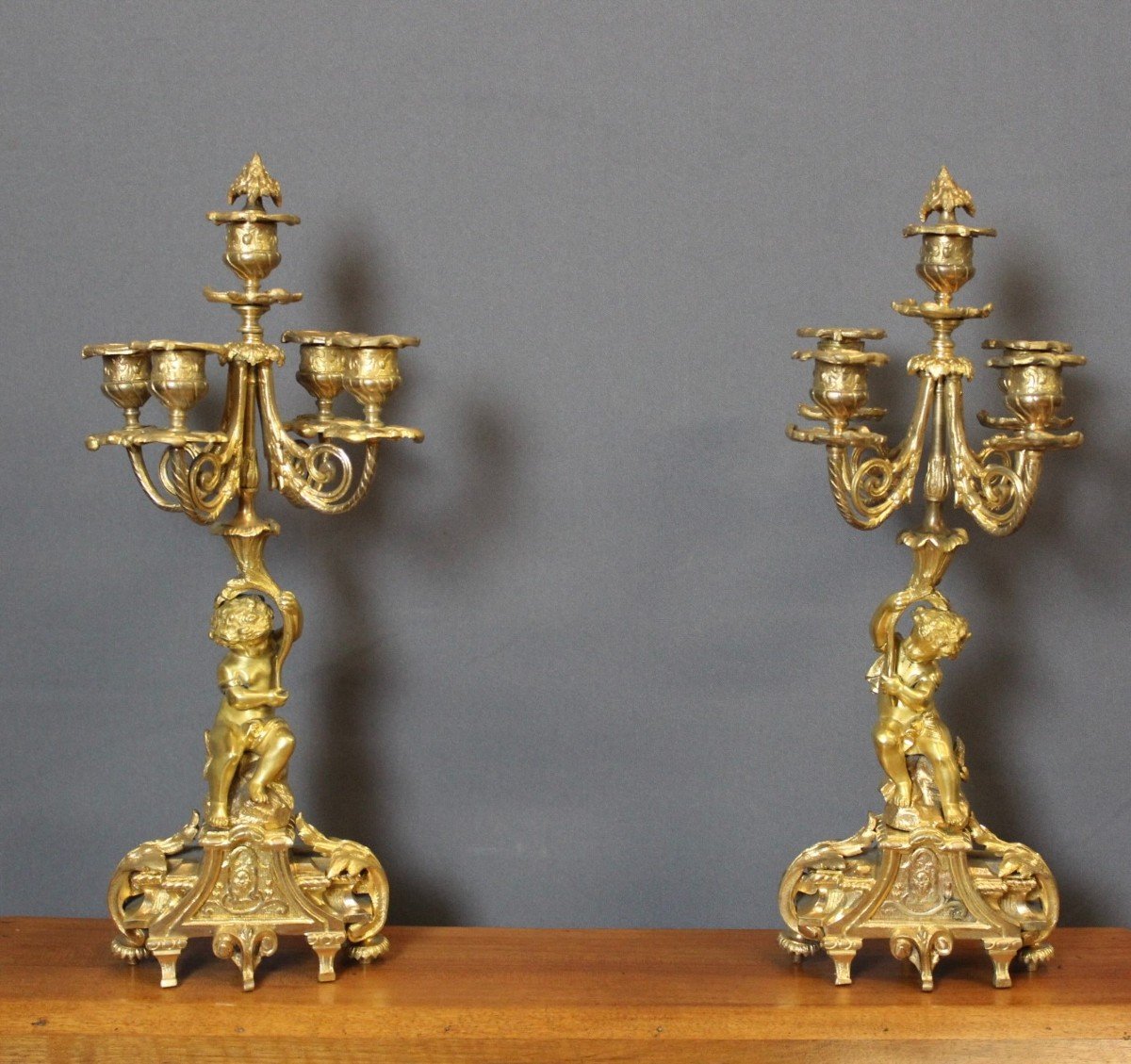 Pair Of Gilt Bronze Cherub Candlesticks, Late 19th Century-photo-5