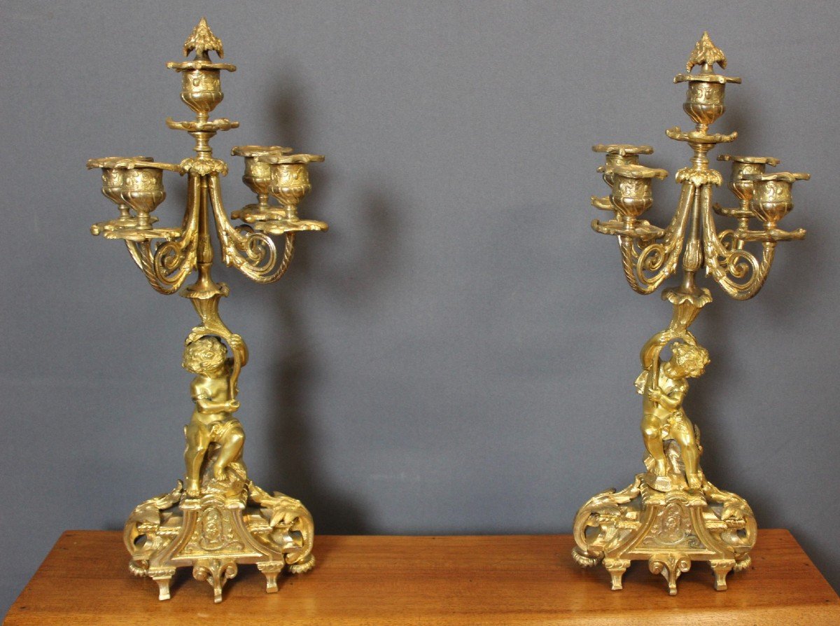 Pair Of Gilt Bronze Cherub Candlesticks, Late 19th Century-photo-6