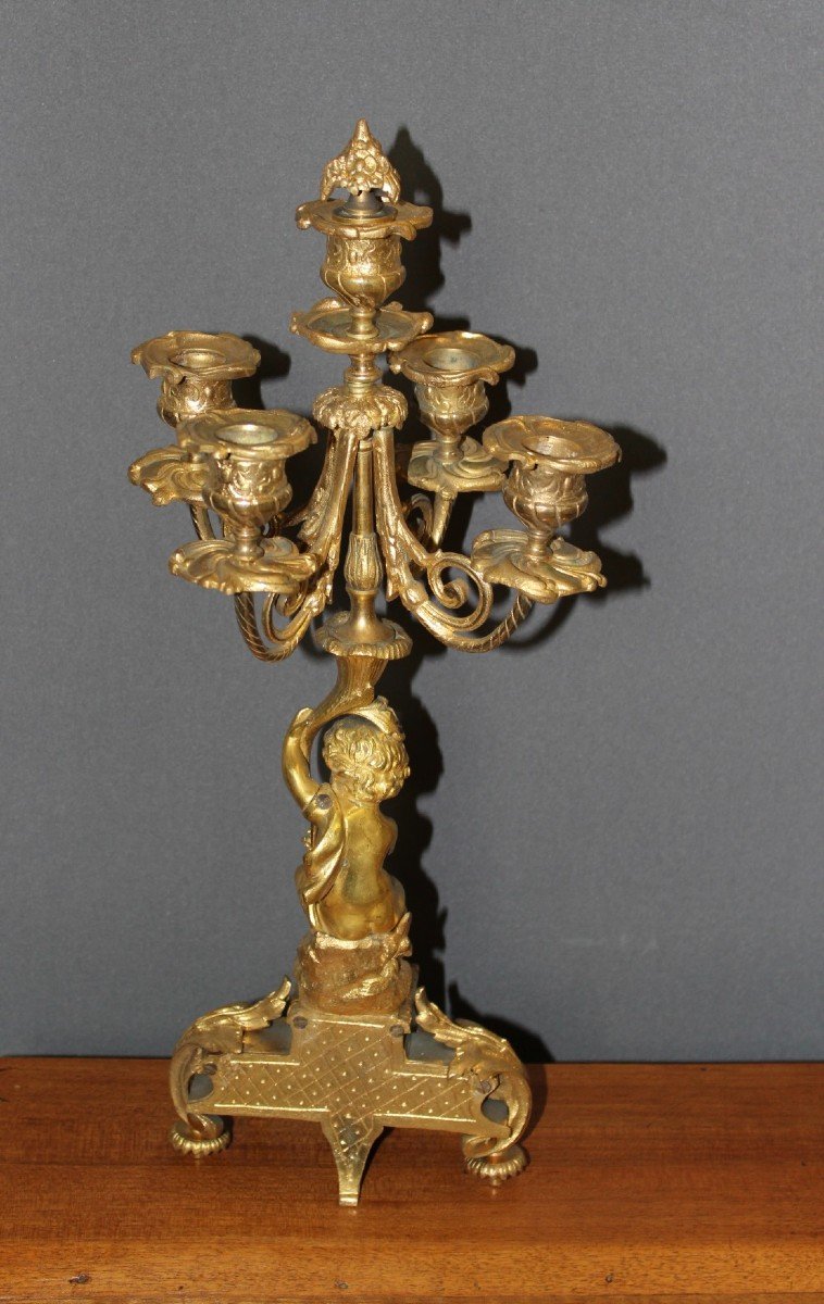 Pair Of Gilt Bronze Cherub Candlesticks, Late 19th Century-photo-7