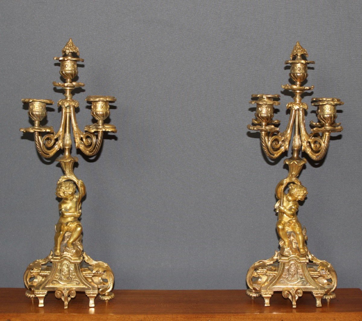 Pair Of Gilt Bronze Cherub Candlesticks, Late 19th Century