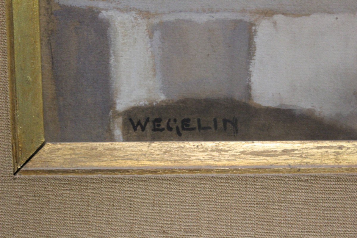 Gouache Sur Carton , Décor d'Intérieur à La Cruche Signé Wegelin-photo-2