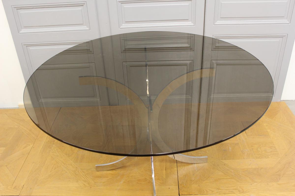 1970 Table In Chrome Steel And Smoked Glass-photo-2