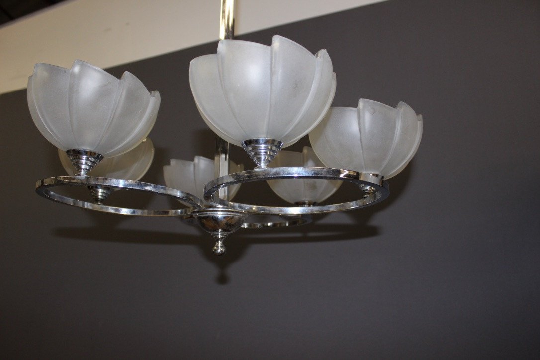 Art Deco Period Chandelier In Chrome And Pressed Glass-photo-7