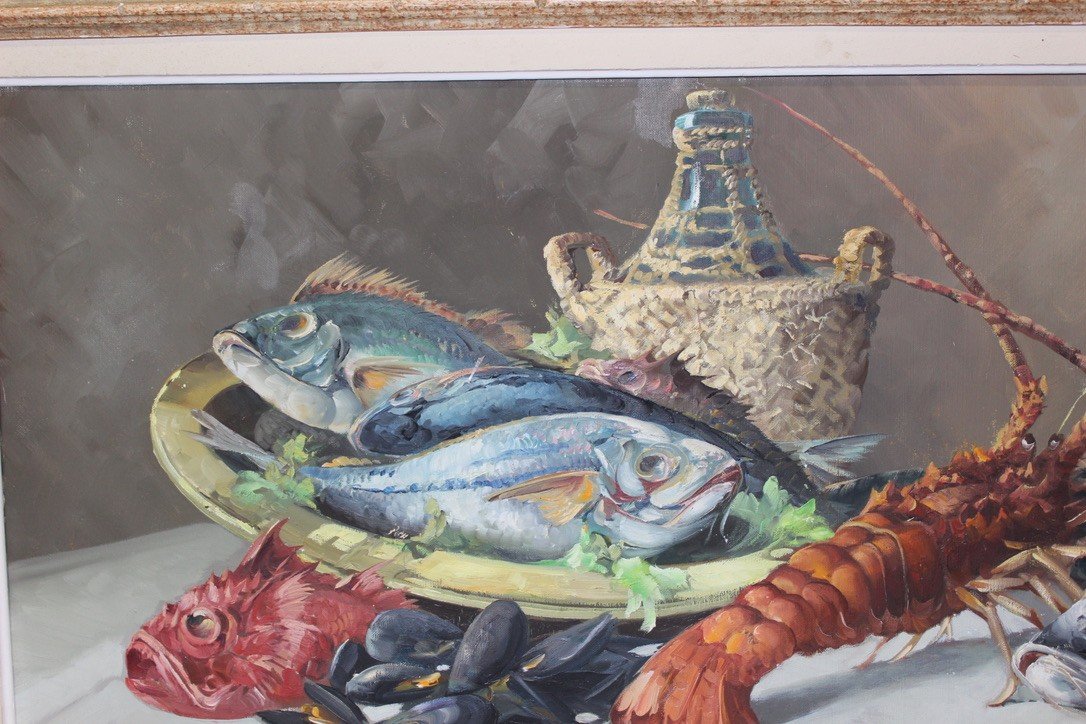 Oil On Canvas Representing Crustaceans Around 1950-photo-4