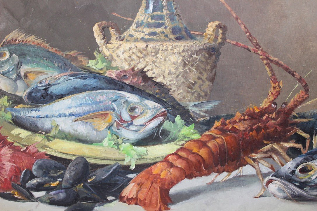 Oil On Canvas Representing Crustaceans Around 1950-photo-4