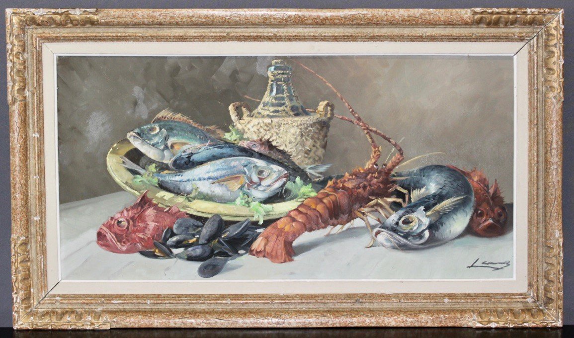 Oil On Canvas Representing Crustaceans Around 1950