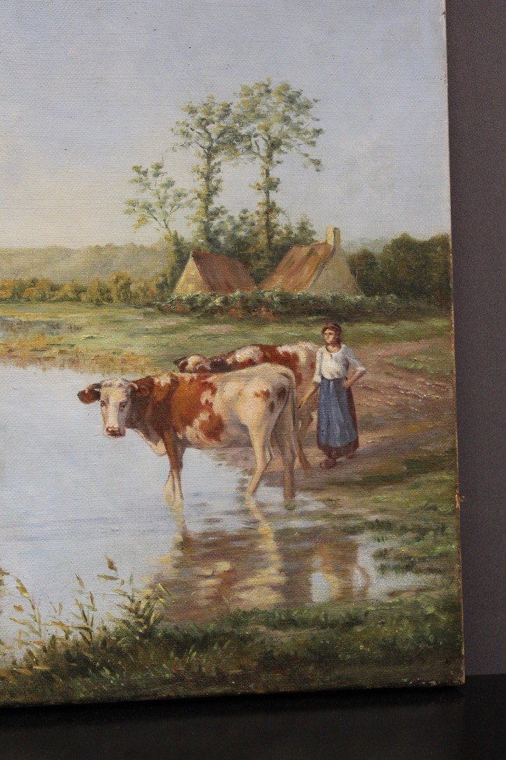 Huile Sur Toile Représentant Des Vaches Au Bord De l'étang Vers 1900-photo-7