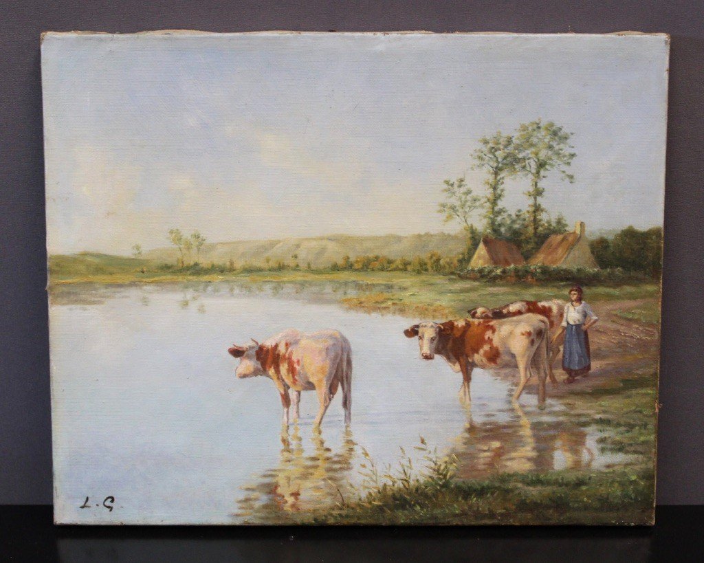 Huile Sur Toile Représentant Des Vaches Au Bord De l'étang Vers 1900