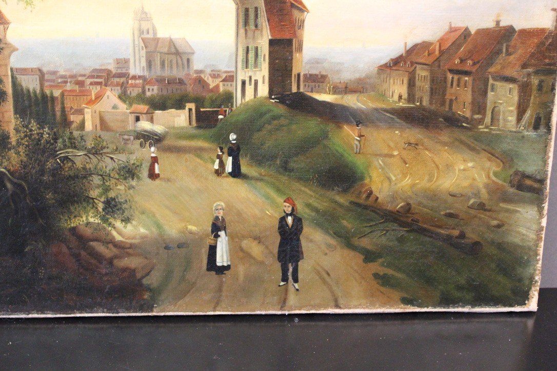 Huile Sur Toile Représentant Un Village Animé Daté 1846 -photo-2