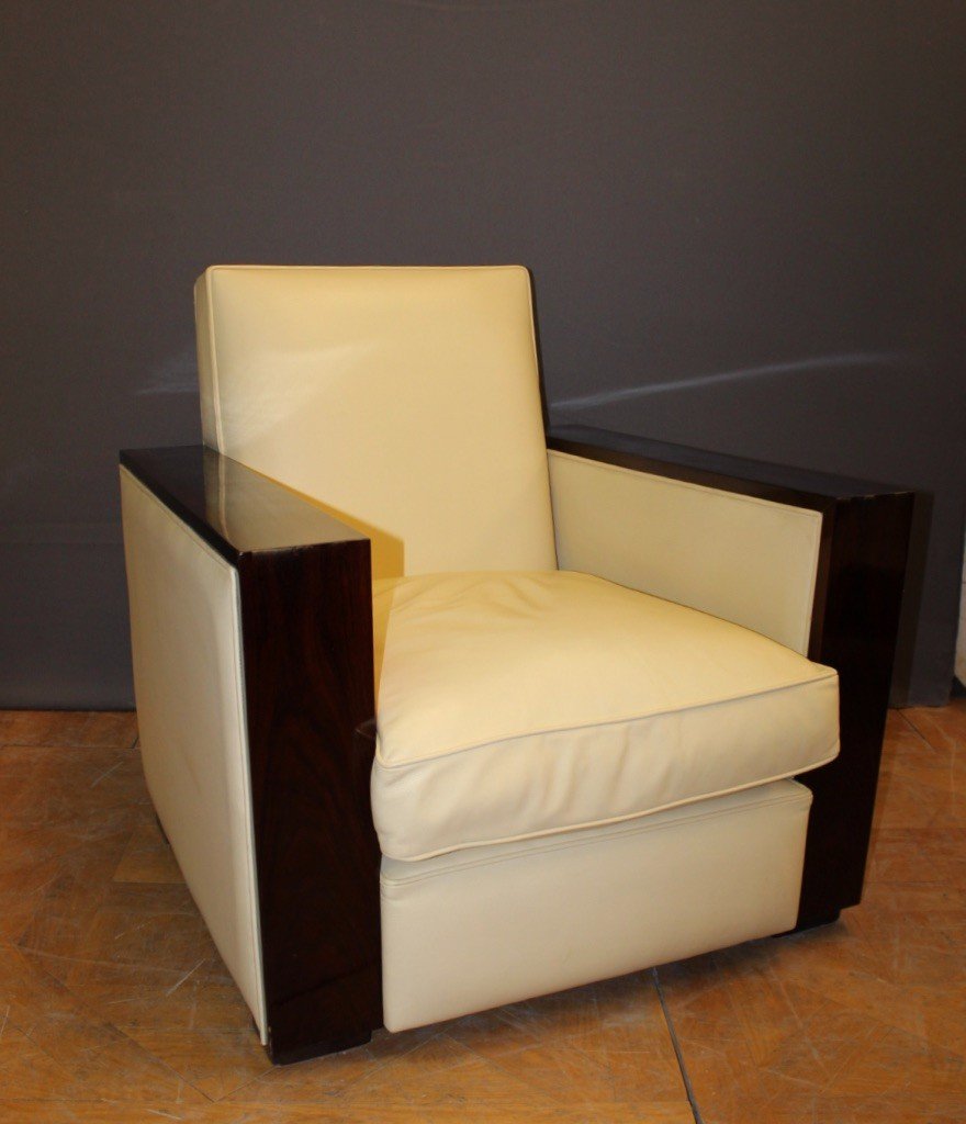 Pair Of Art Deco Style Armchairs In Rosewood And Leather-photo-1