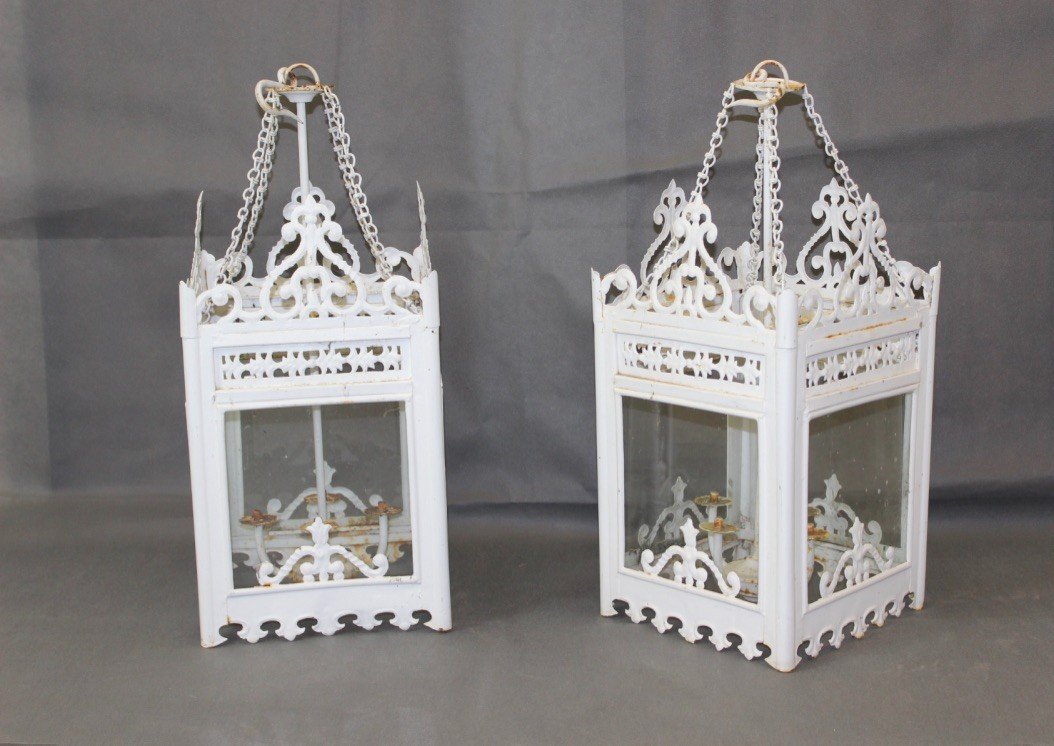 Pair Of Sheet Metal Lanterns Circa 1950-photo-6