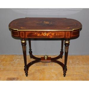 Louis XVI Style Table In Rosewood Marquetry Decorated With Flowers Late XIX