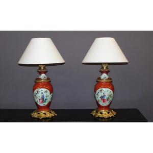 Pair Of Porcelain Lamps With Chinese Decor And Gilt Bronze Mount End XIX