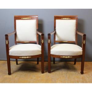 Pair Of Directoire Period Armchairs In Mahogany And Bronze 19th