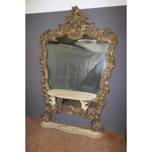 Très Grand Miroir Et Console Rococo Italien Vers 1950