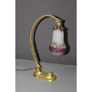 Lampe De Bureau d'époque Art Nouveau En Bronze Doré Et Verrerie Muller 