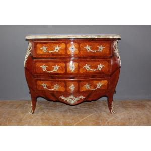 Louis XV Style Chest Of Drawers In Marquetry, Late 19th Century