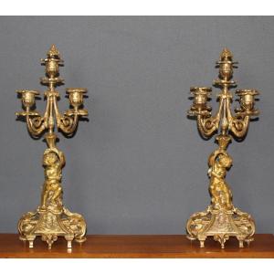 Pair Of Gilt Bronze Cherub Candlesticks, Late 19th Century