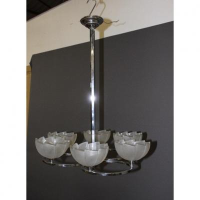 Art Deco Period Chandelier In Chrome And Pressed Glass