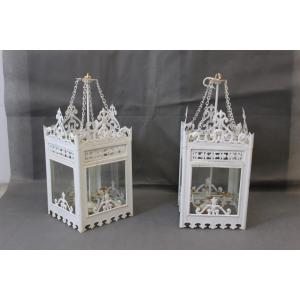 Pair Of Sheet Metal Lanterns Circa 1950