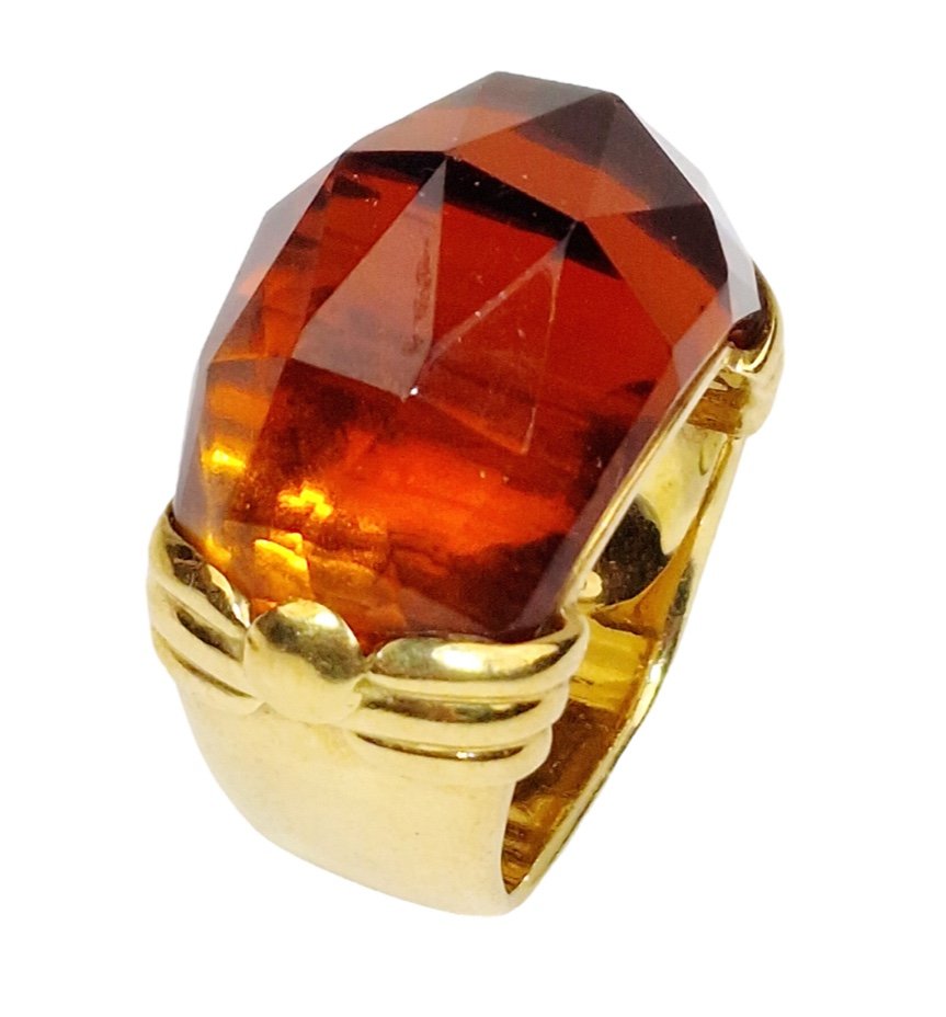 Citrine Ring In 18k (750) Yellow Gold, Set With A Domed Citrine,