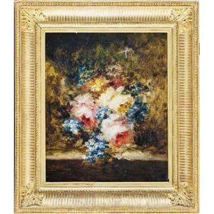 Huile Sur Toile "bouquet De Fleurs" Georges Chone (1819 - ?)
